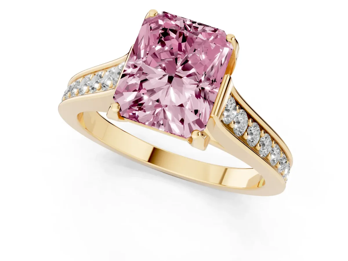 Fancy Pink Radiant Cut Brilliant Cut Diamond Engagement Ring with Pavé Band and Four-Prong Setting Yellow gold