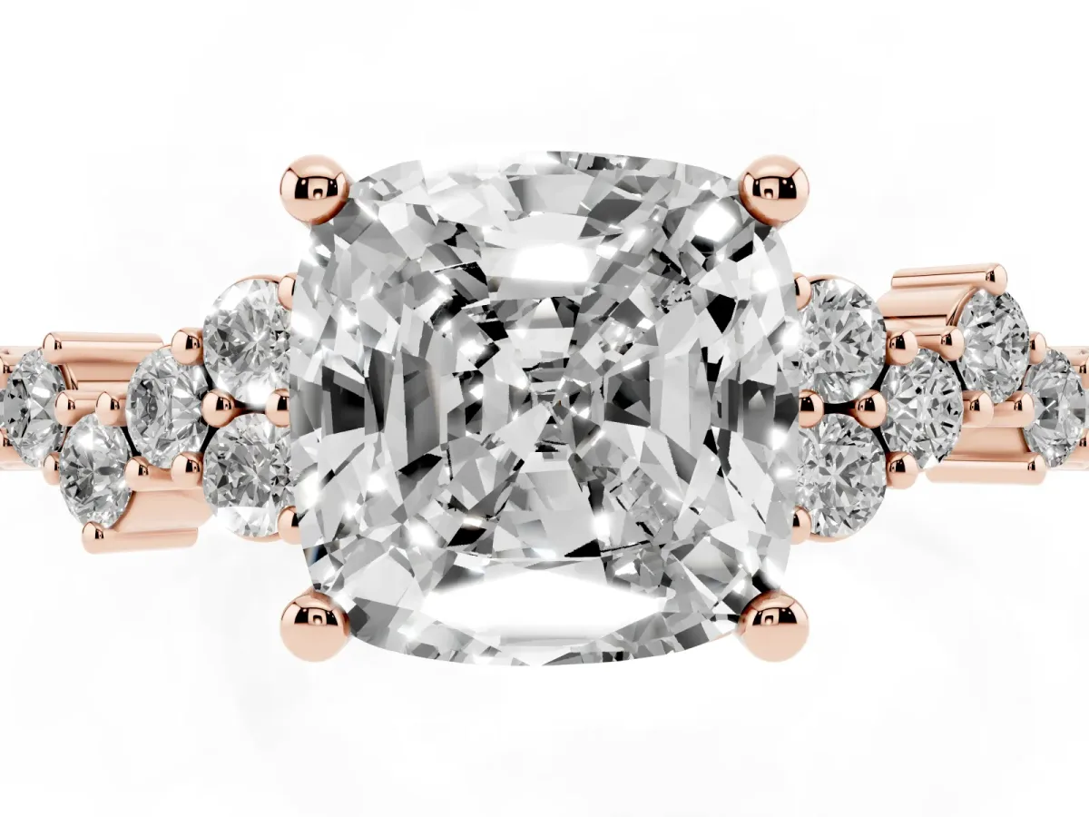 Cushion Cut Diamond Scattered Round Accent Ring with Prong Setting Rose gold
