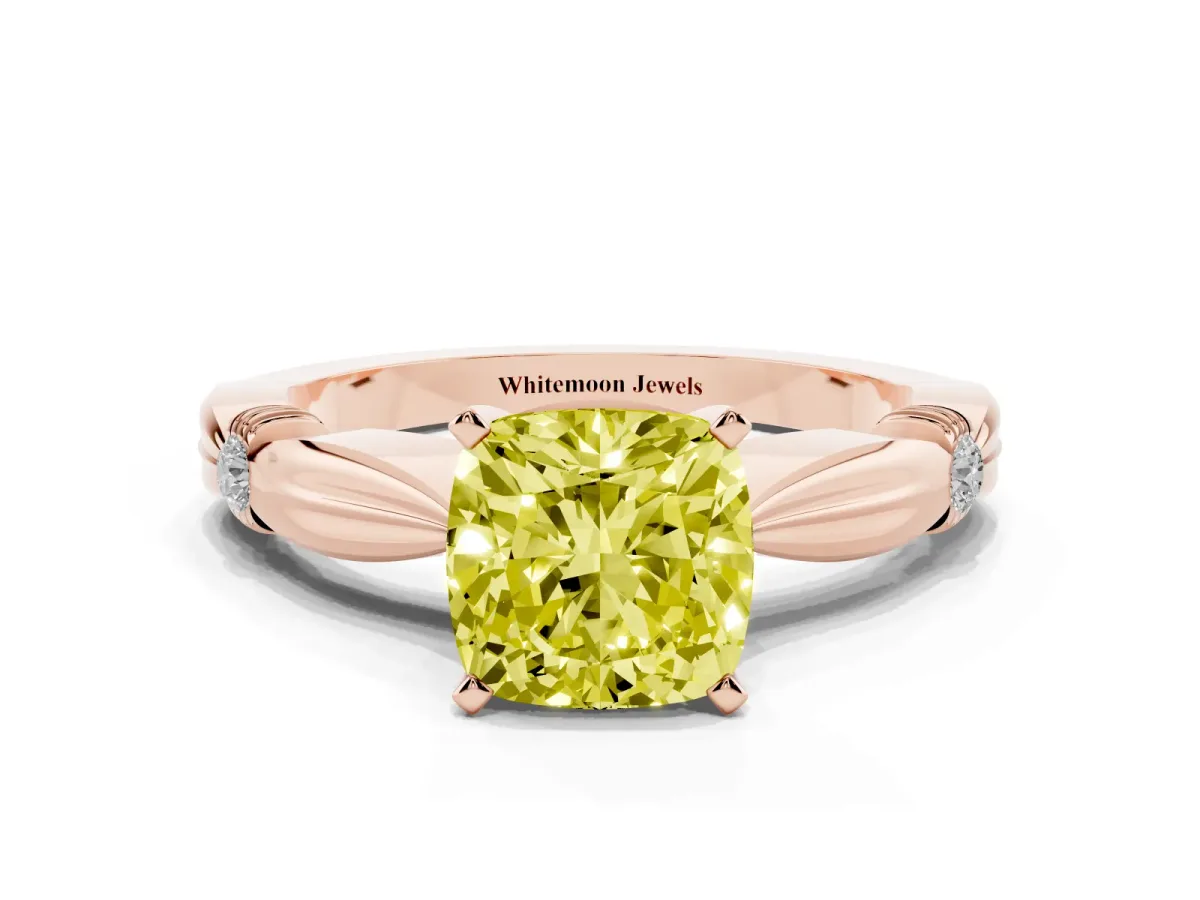 Fancy Yellow Cushion Cut Solitaire Diamond Twisted Band with Four-Prong Setting Rose gold