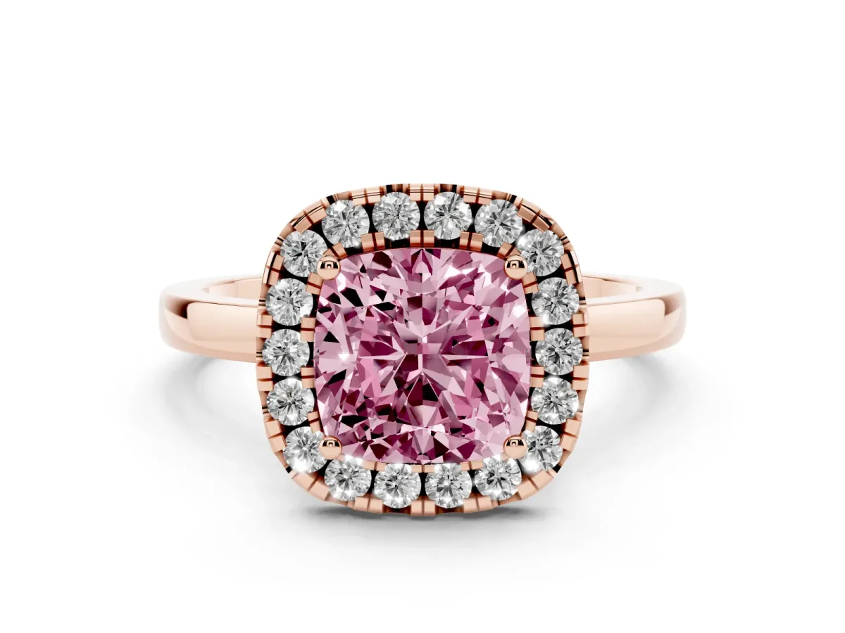 Fancy Pink Cushion Cut Halo Diamond Solitaire with Pavé Band and Four-Prong Setting Rose gold