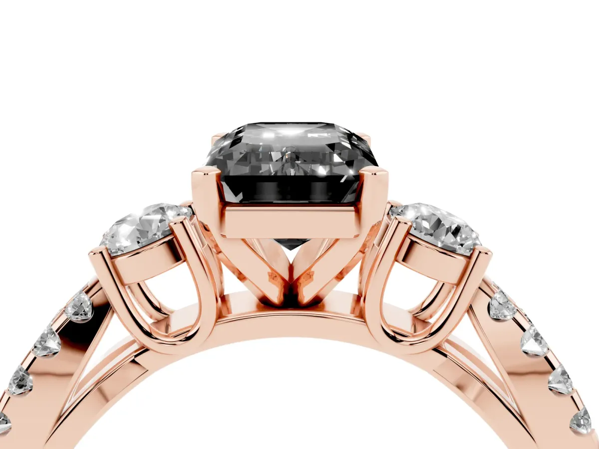 Fancy Black Emerald Cut Diamond Three-Stone Ring with Pavé Split Shank and Four-Prong Setting Rose gold
