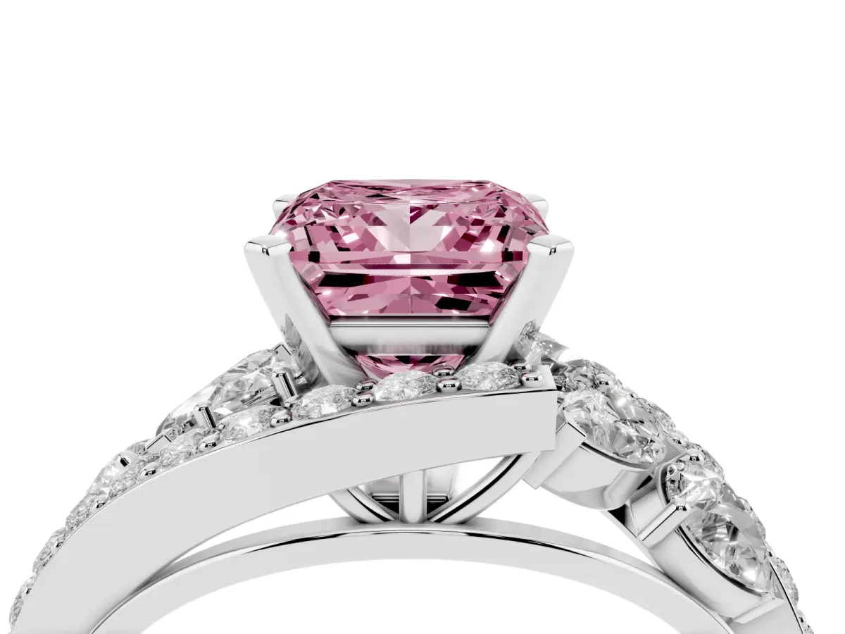Fancy Pink Princess Cut Diamond Halo Ring with Marquise and Pavé Band in Prong Setting White gold