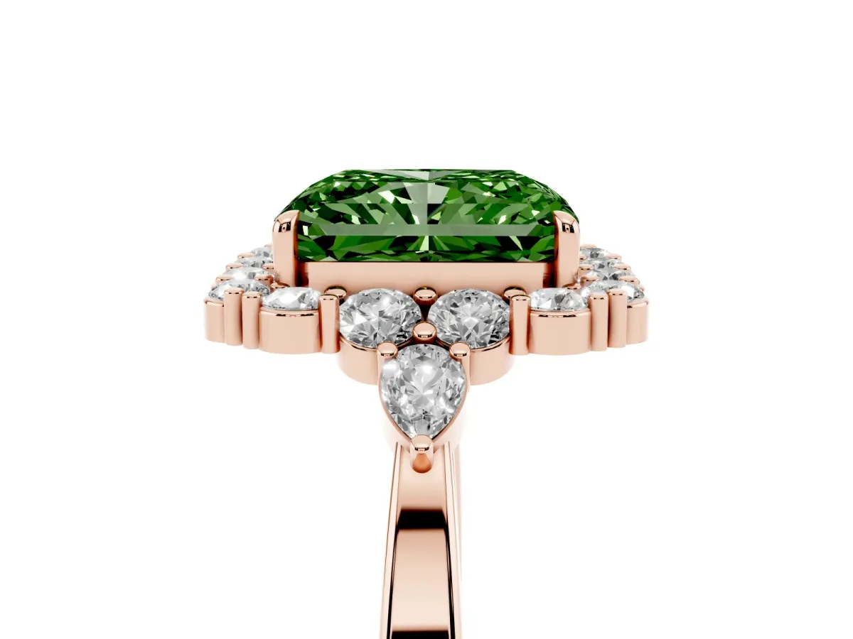 Fancy Green Radiant Cut Diamond Halo Ring with Pear Side Stones and Prong Setting Rose gold