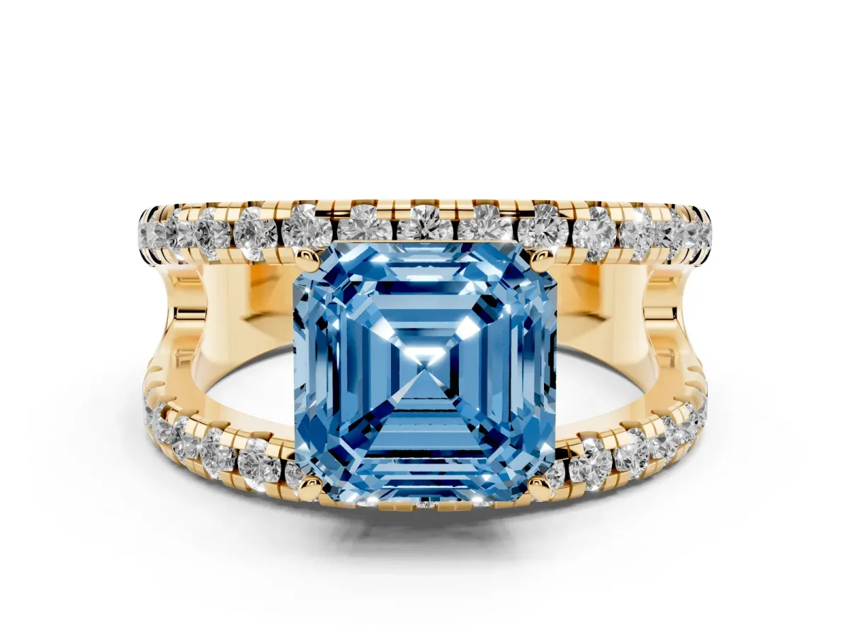 Fancy Blue Asscher Cut Solitaire Split Shank Pave Diamond Ring Yellow gold