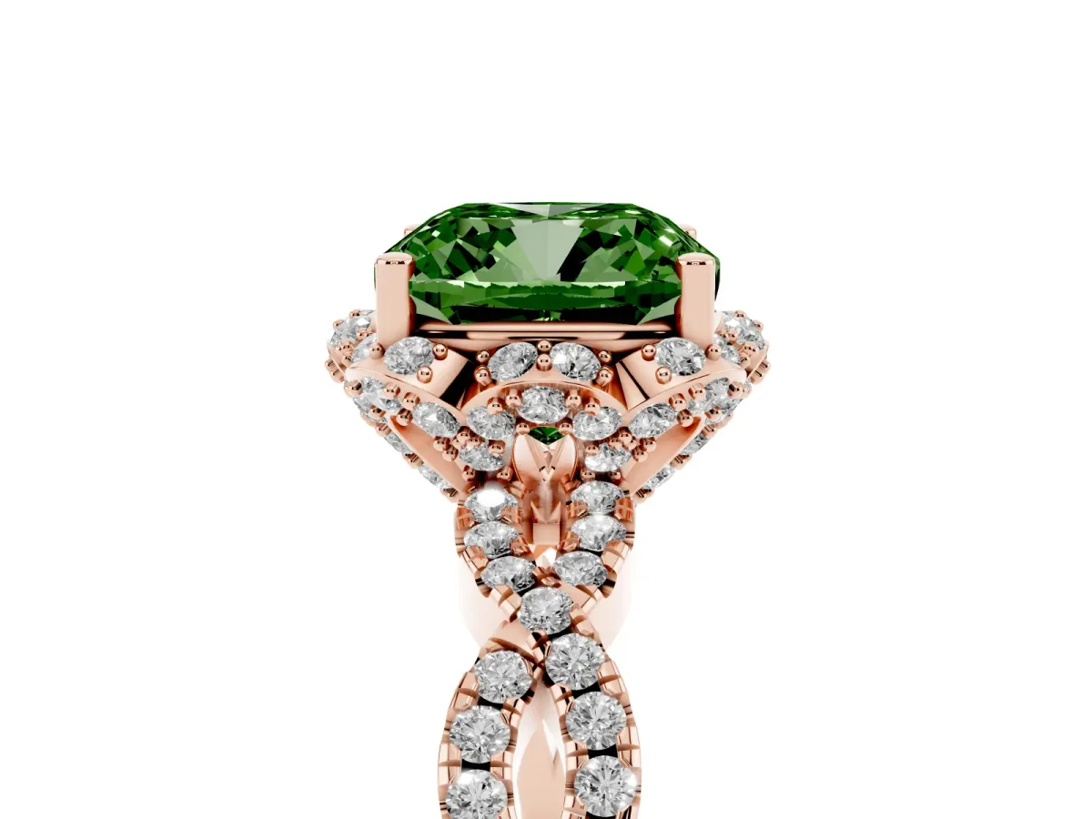 Fancy Green Cushion Cut Halo Twist Band Solitaire Ring with Six-Prong Setting Rose gold