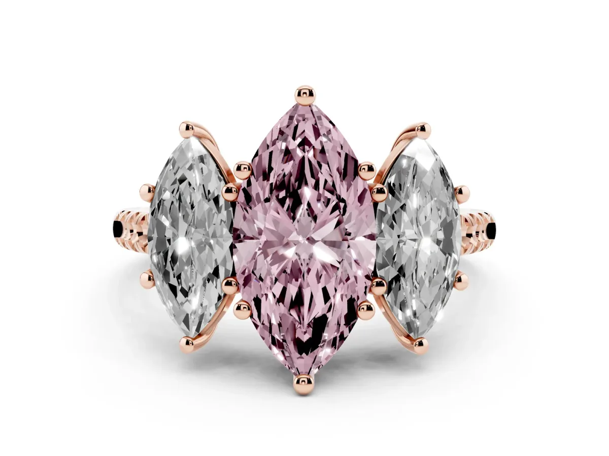 Fancy Pink Three-Stone Marquise Cut Diamond Ring with Round Pavé Band and Prong Setting Rose gold