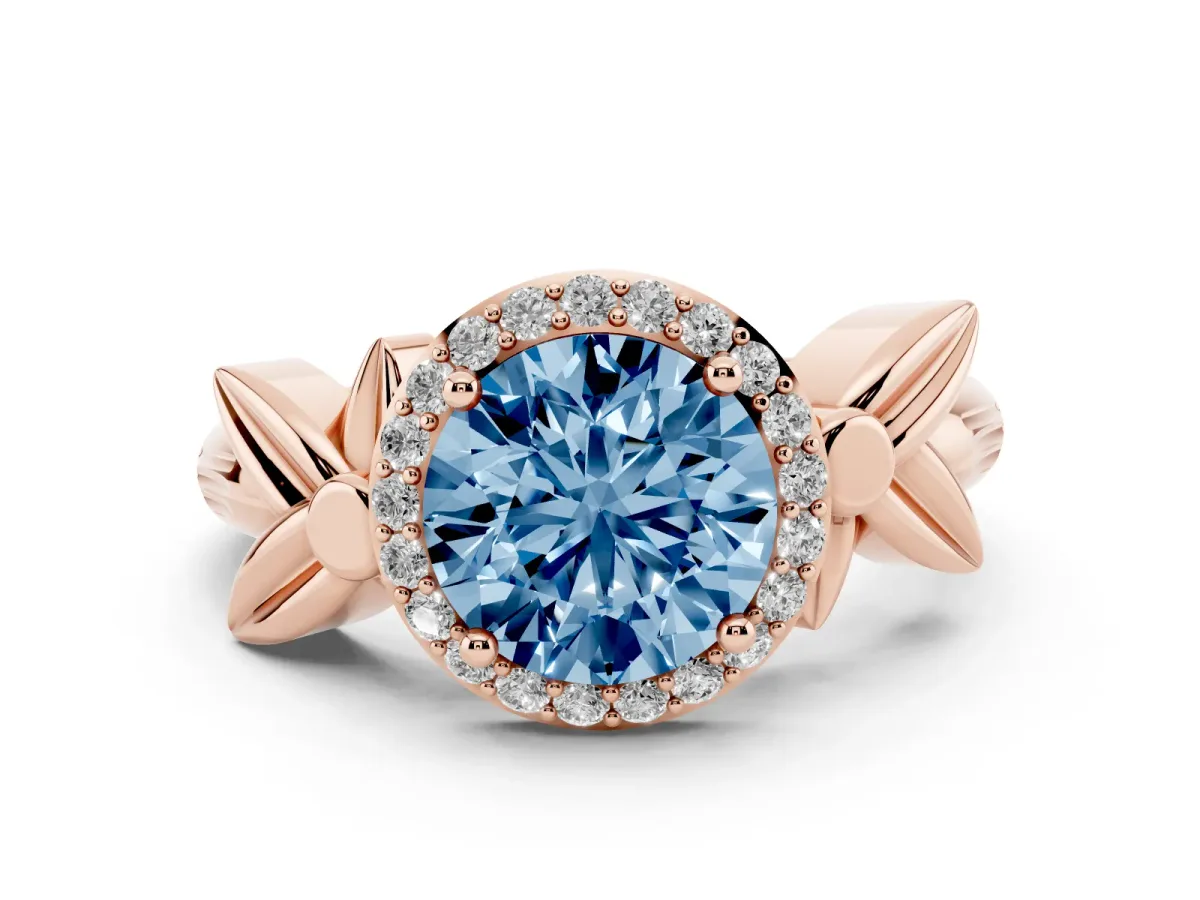 Fancy Blue Round Cut Halo Diamond Floral Band with Four-Prong Setting Rose gold