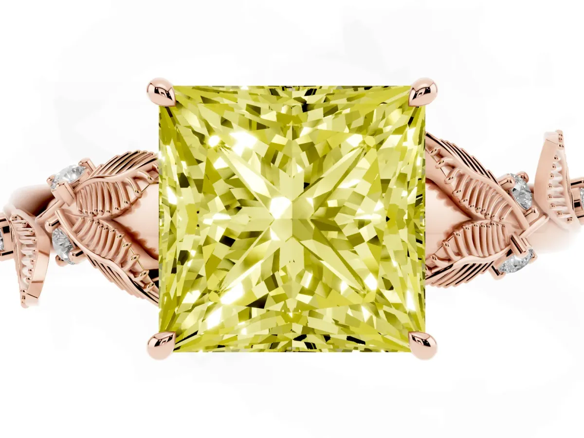 Fancy Yellow Princess Cut Diamond Solitaire Ring with Leaf Motif Band and Four-Prong Setting Rose gold