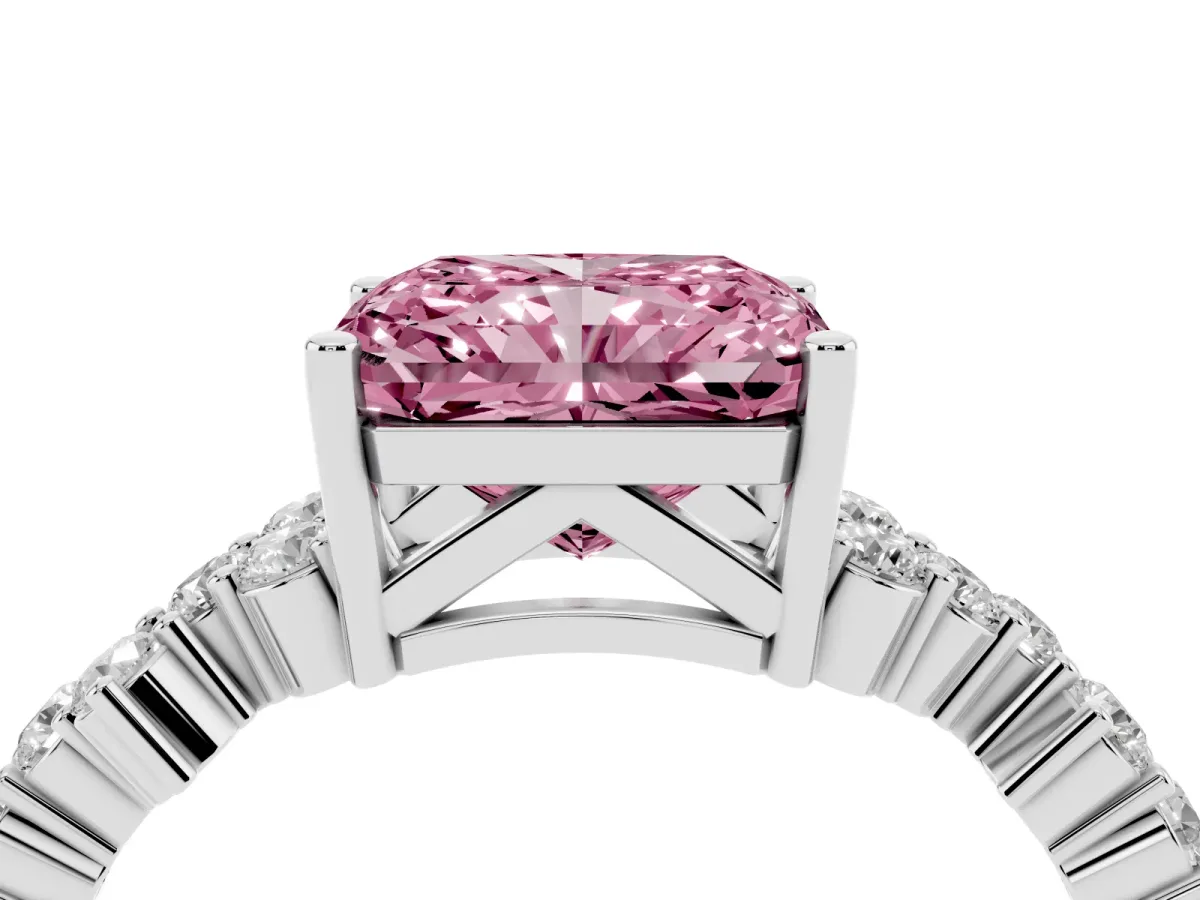 Fancy Pink Radiant Cut Diamond Scattered Round Accent Ring with Prong Setting White gold