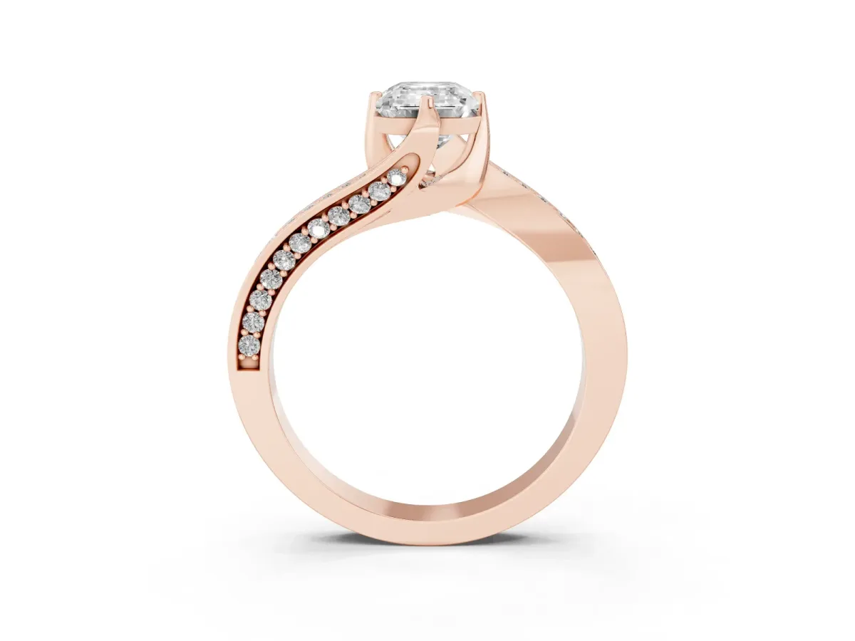 Emerald Cut Solitaire Diamond Twist Band with Pavé Setting and Four-Prong Setting Rose gold