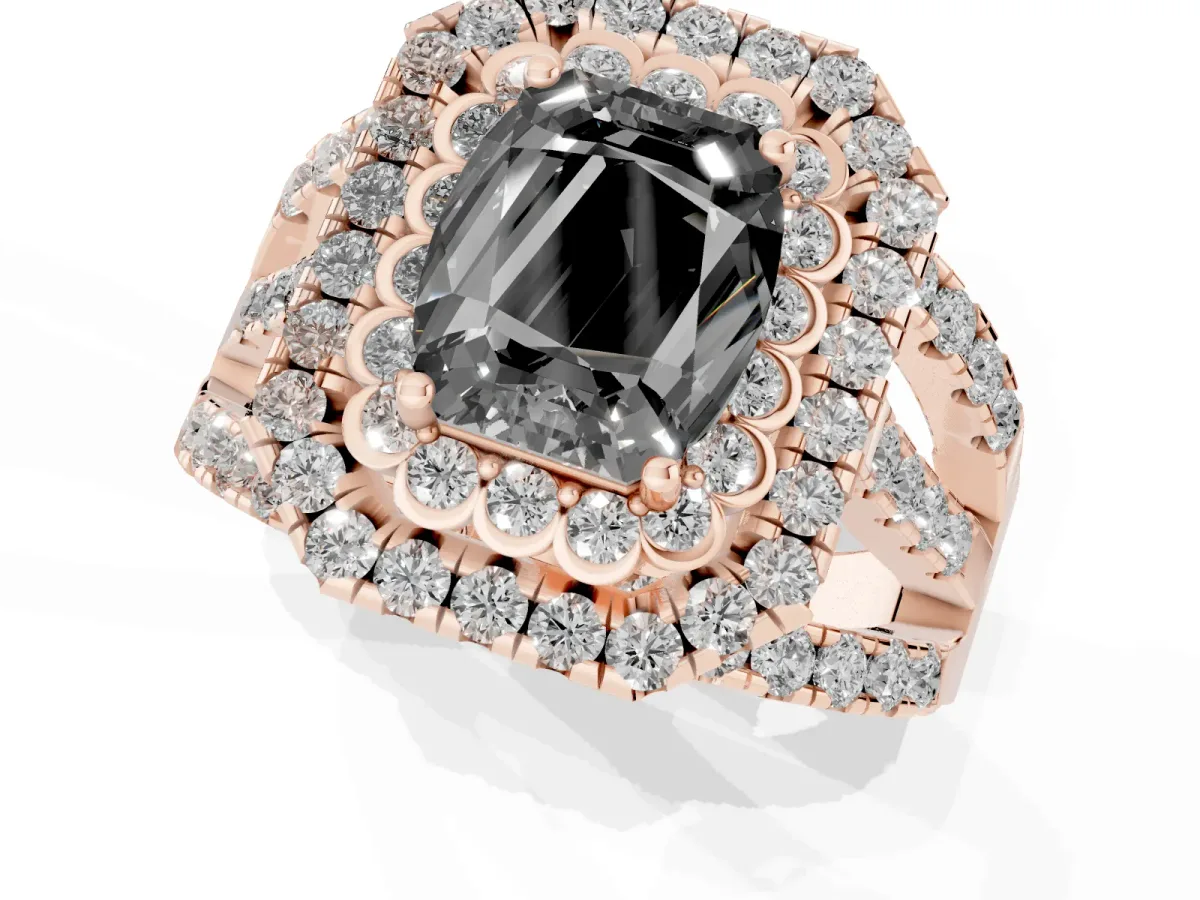 Fancy Black Emerald Cut Diamond Double Halo Ring with Round Pavé Split Shank and Prong Setting Rose gold