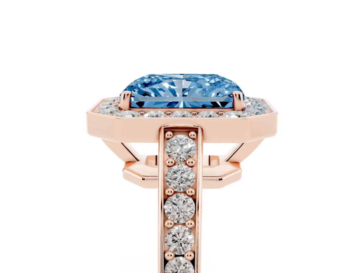 Fancy Blue Radiant Cut Halo Pavé Diamond Engagement Ring with Bezel Setting Rose gold