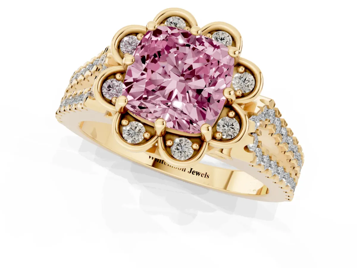 Fancy Pink Cushion Cut Halo Diamond Floral Split Shank Engagement Ring Yellow gold