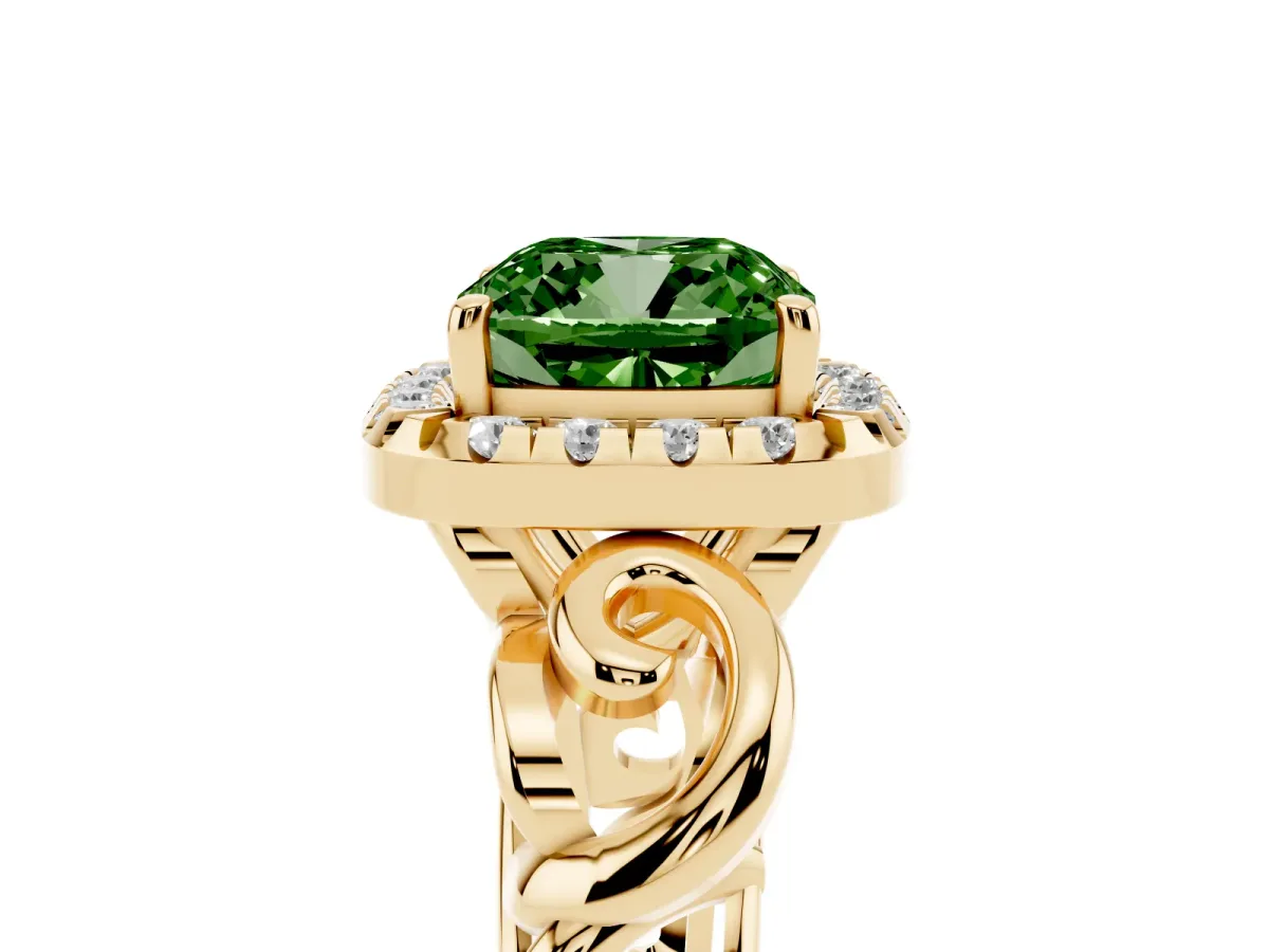 Fancy Green Cushion Cut Cut Halo Diamond Ring with Scrollwork Band and Four-Prong Setting Yellow gold