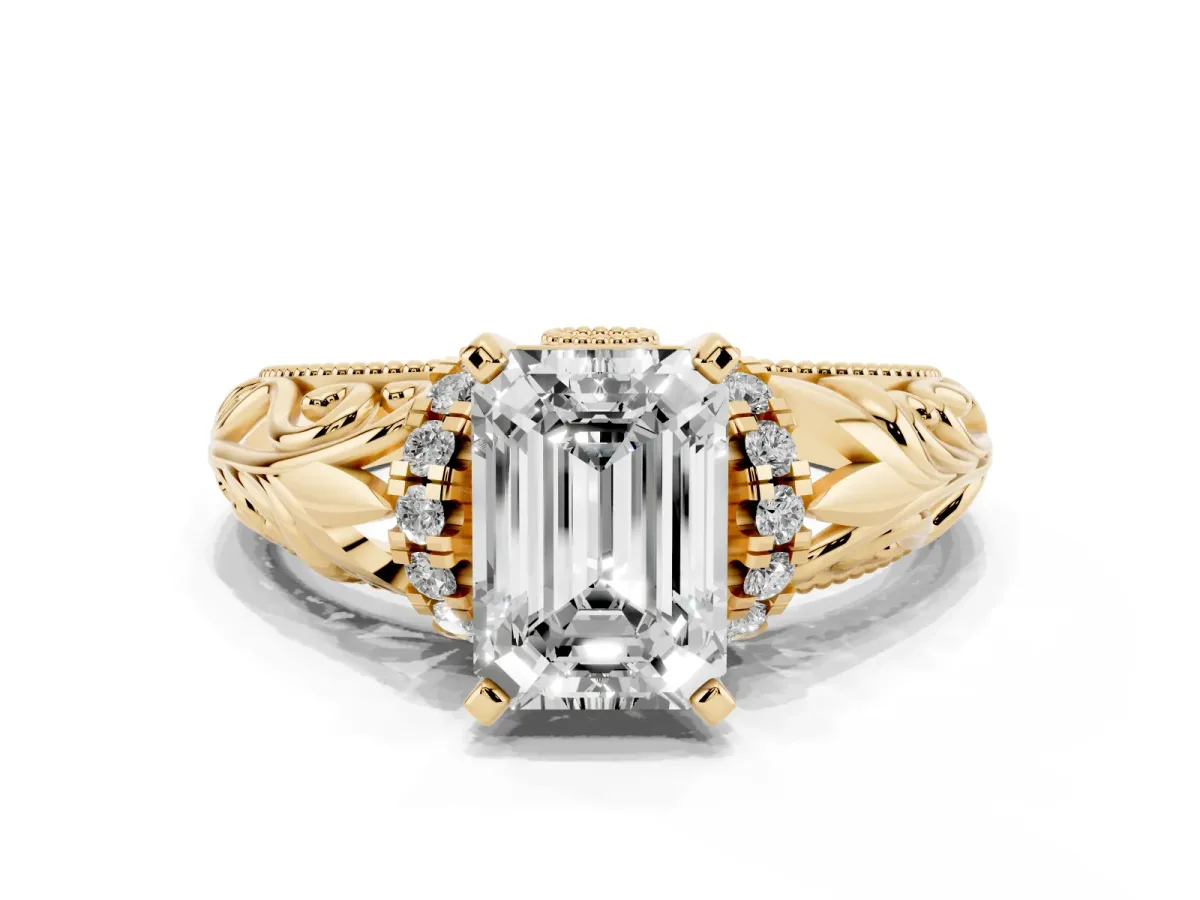 Emerald Cut Solitaire Filigree Engagement Ring with Halo and Prong Setting Yellow gold