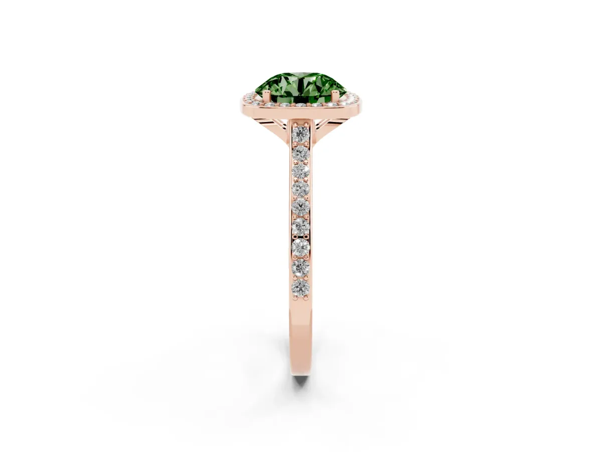 Fancy Green Round Cut Diamond Halo Engagement Ring with Round Pavé Shoulders and Prong Setting Rose gold