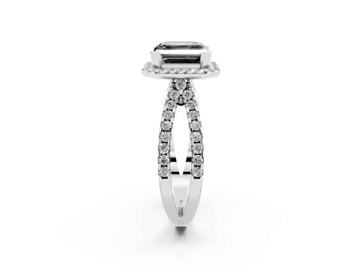 Fancy Black Asscher Cut Diamond Halo Ring with Split Shank Pavé Band and Prong Setting Silver
