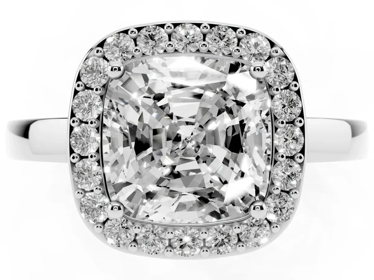 Cushion Cut Halo Diamond Ring with Solitaire Band and Prong Setting Silver