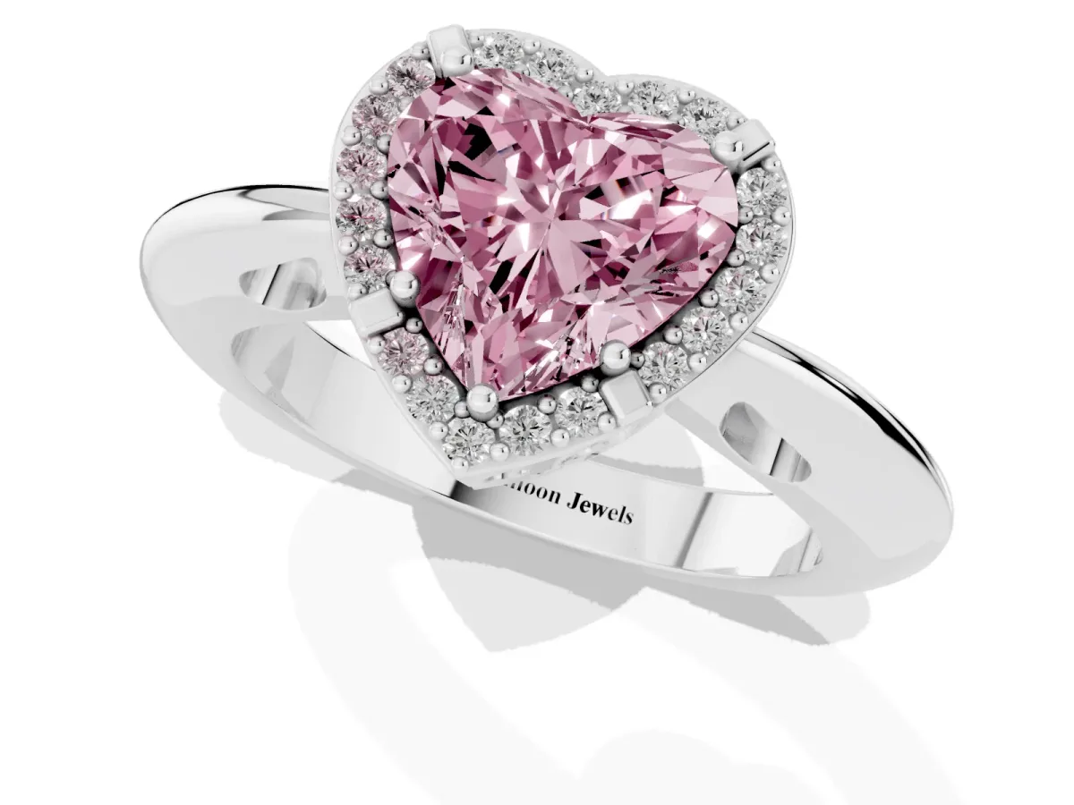 Fancy Pink Heart Cut Cut Diamond Halo Engagement Ring with Split Shank and Four-Prong Setting Platinum