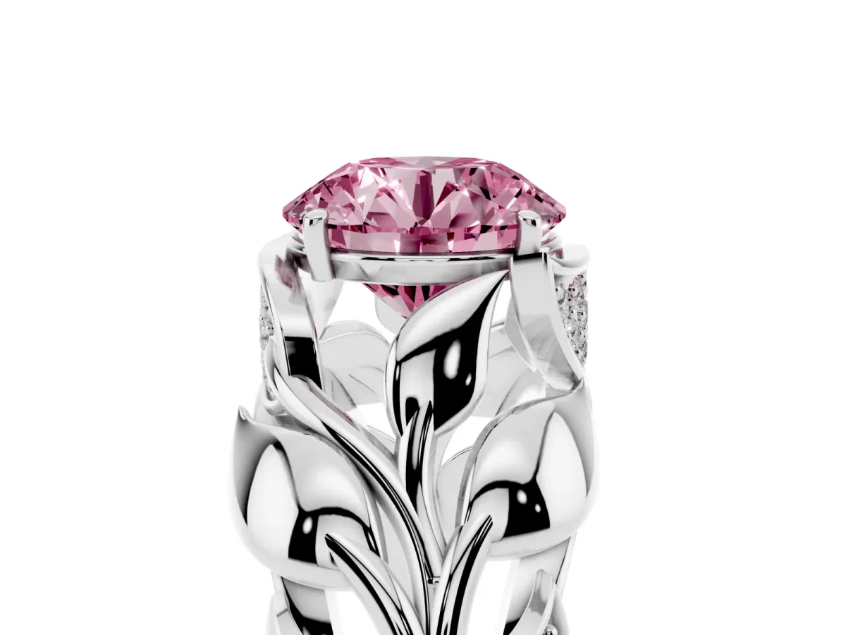 Fancy Pink Round Cut Diamond Leaf-Inspired Engagement Ring with Round Accents and Prong Setting White gold
