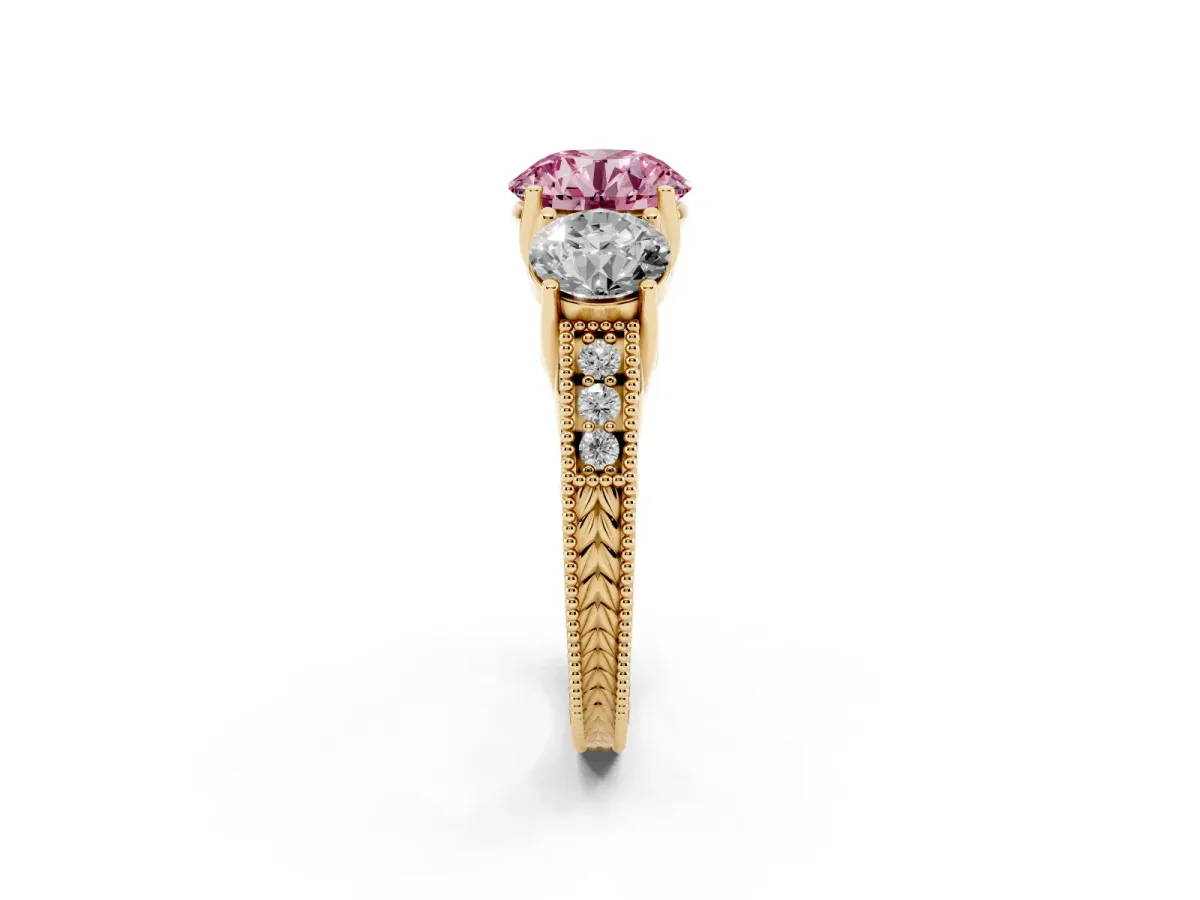Fancy Pink Three-Stone Round Cut Cut Milgrain Pavé Engagement Ring Yellow gold