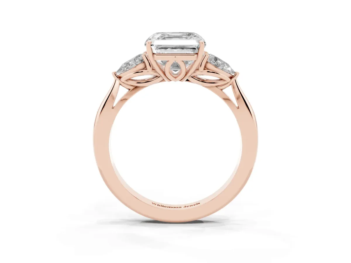 Three-Stone Asscher Cut Diamond Ring with Pear Side Stones in Four-Prong Setting Rose gold