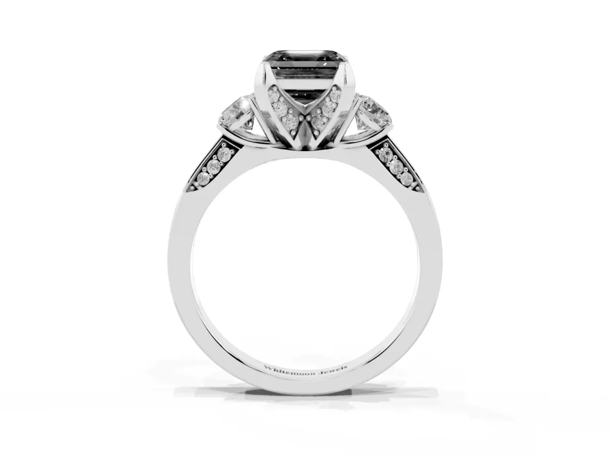 Fancy Black Asscher Cut Brilliant Three-Stone Diamond Ring with Pavé Band and Four-Prong Setting Silver