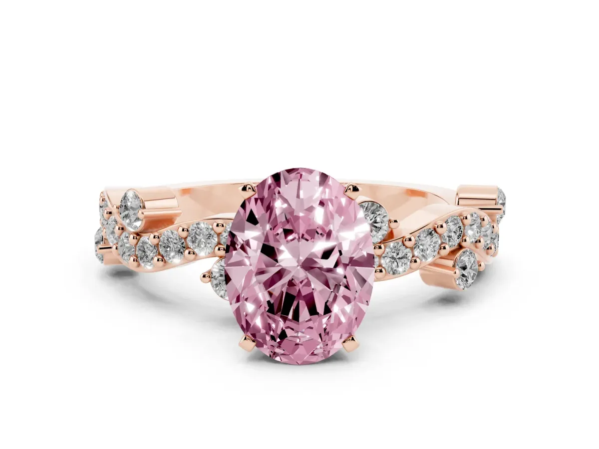 Fancy Pink Oval Cut Cut Solitaire Diamond Twisted Band with Pave Setting Rose gold