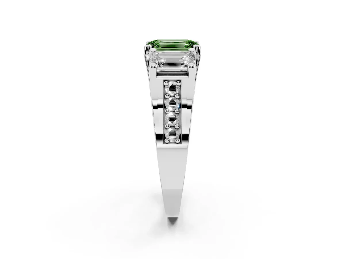 Fancy Green Emerald Cut Diamond Three-Stone Ring with Channel Set Band and Four-Prong Setting Platinum