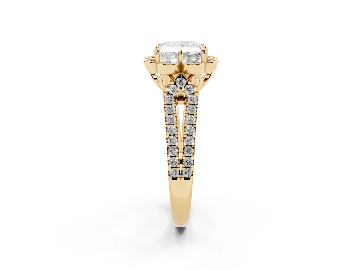 Princess Cut Halo Diamond Floral Split Shank Engagement Ring Yellow gold