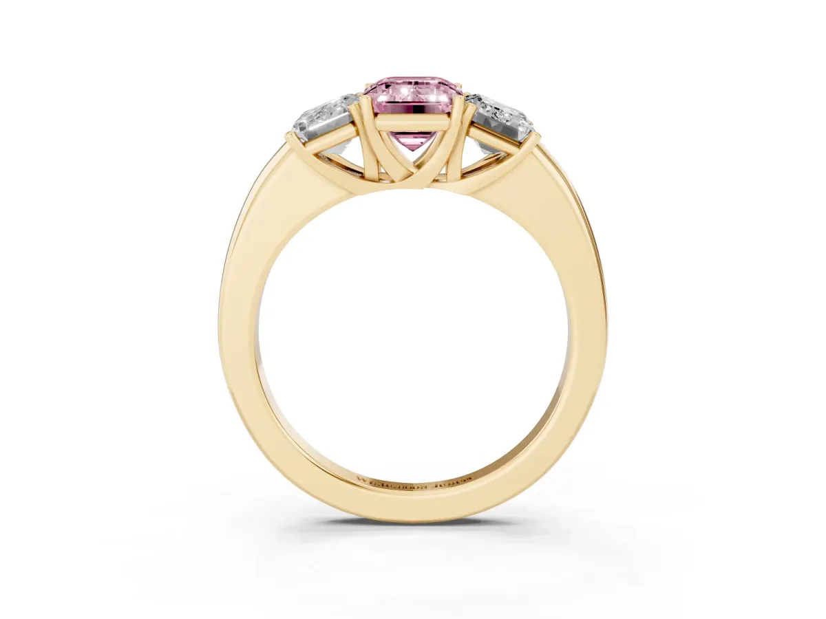 Fancy Pink Emerald Cut Diamond Three-Stone Ring with Four-Prong Setting and Classic Band Yellow gold