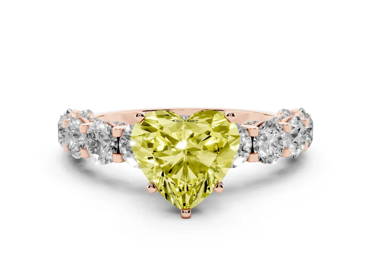Fancy Yellow Heart Cut Diamond Side Stone Engagement Ring with Four-Prong Setting Rose gold