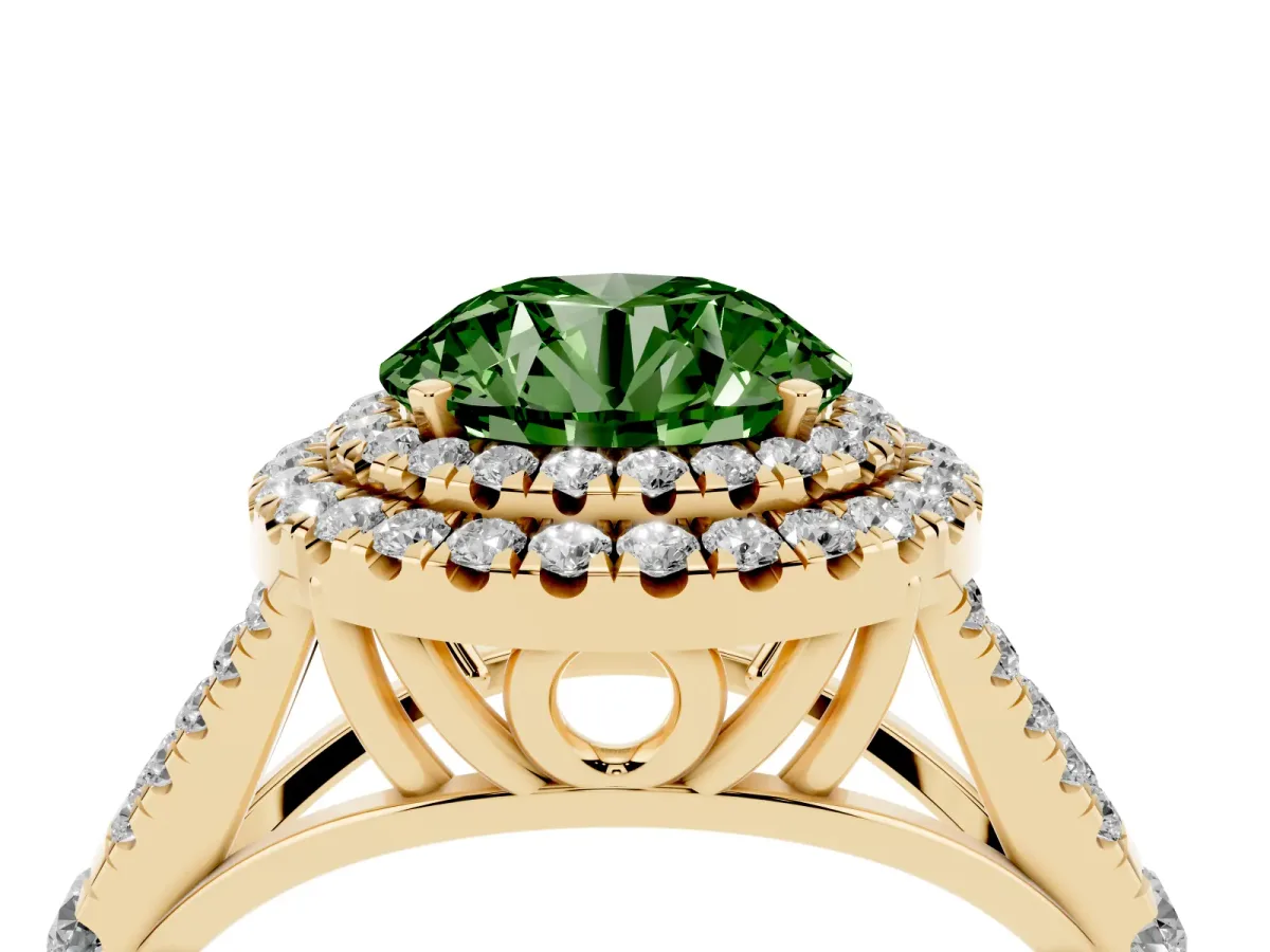 Fancy Green Round Cut Diamond Double Halo Ring with Split Shank and Prong Setting Yellow gold