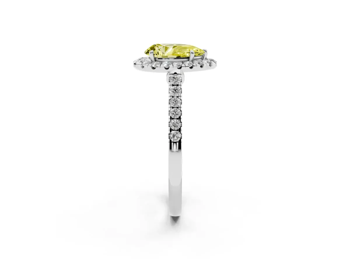 Fancy Yellow Pear Cut Halo Pave Diamond Engagement Ring with Four-Prong Setting Silver