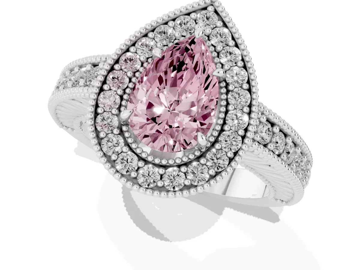 Fancy Pink Pear Cut Cut Halo Diamond Ring with Pavé Band and Four-Prong Setting Silver