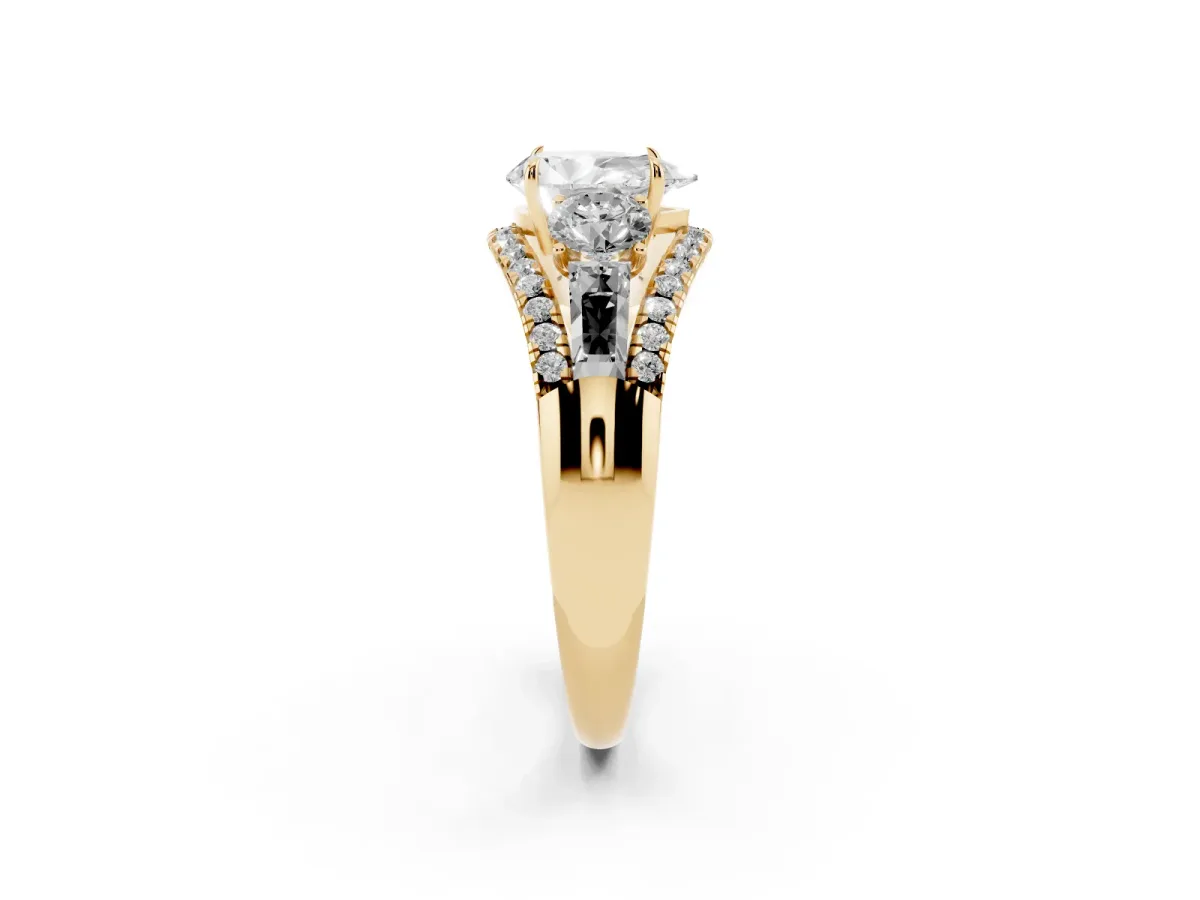 Three-Stone Pear Cut Diamond Engagement Ring with Pave Band and Prong Setting Yellow gold