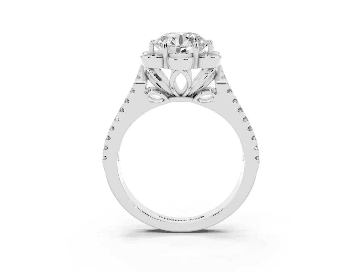 Round Cut Halo Diamond Floral Split Shank Engagement Ring Silver