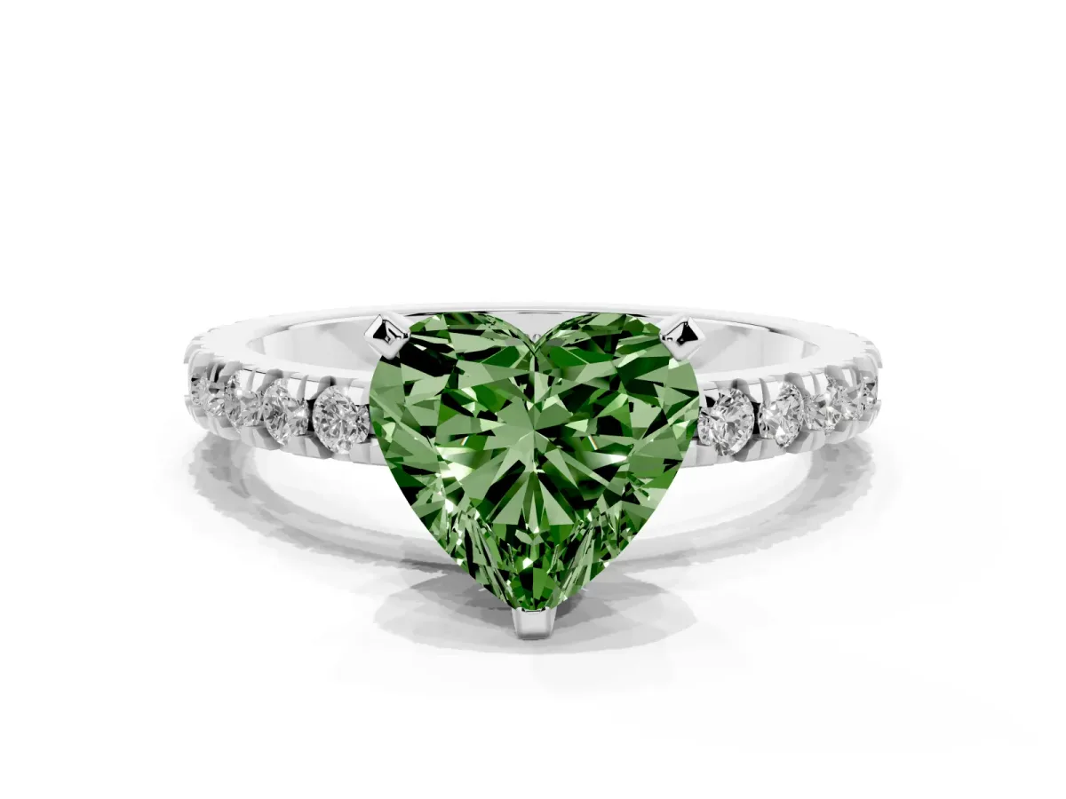 Fancy Green Heart Cut Diamond Pavé Band Solitaire with Four-Prong Setting Silver