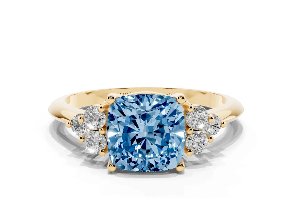 Fancy Blue Cushion Cut Cut Diamond Cluster Ring with Solitaire Band and Four-Prong Setting Yellow gold