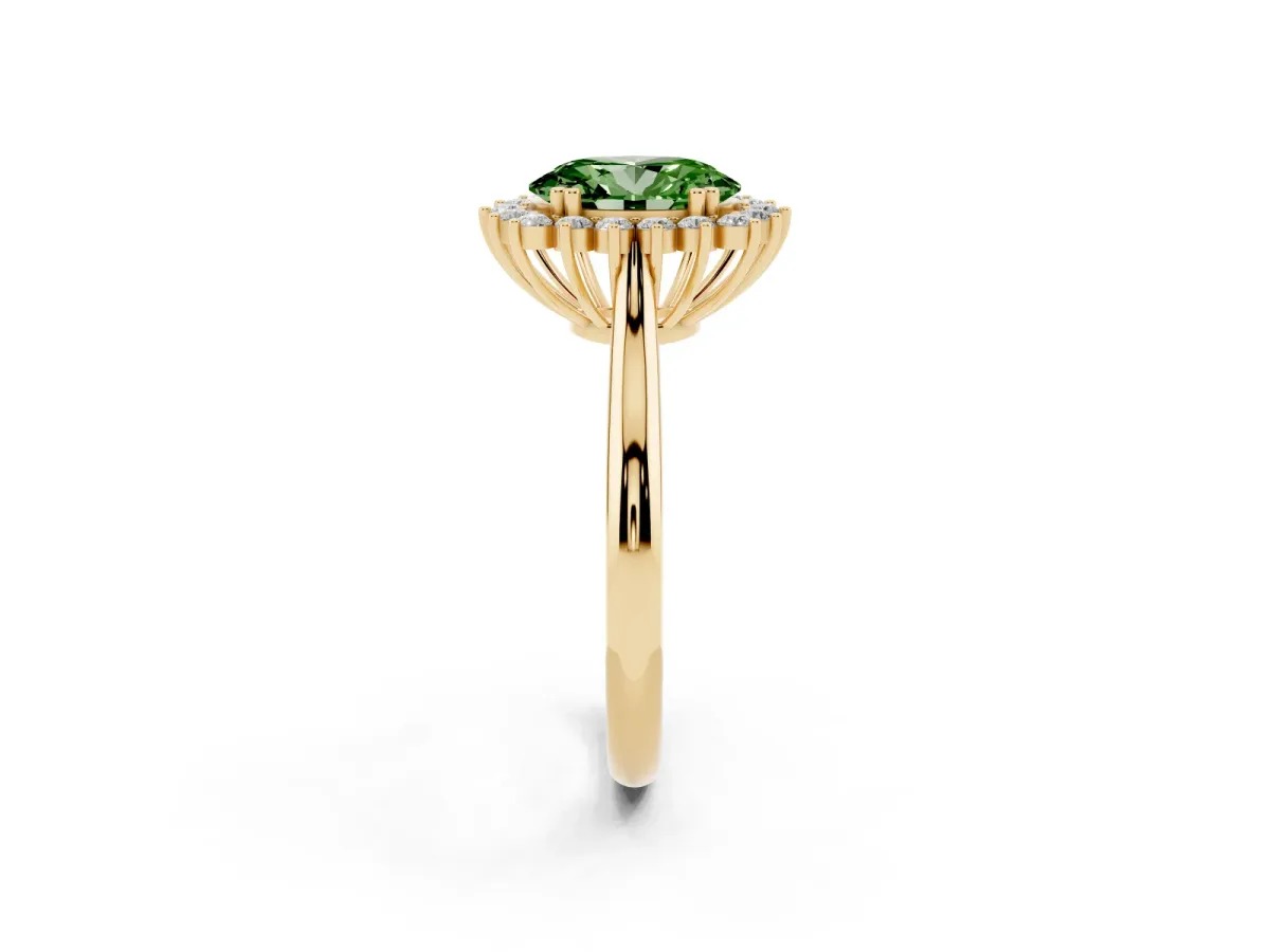 Fancy Green Oval Cut Cut Diamond Halo Ring with Solitaire Band and Prong Setting Yellow gold