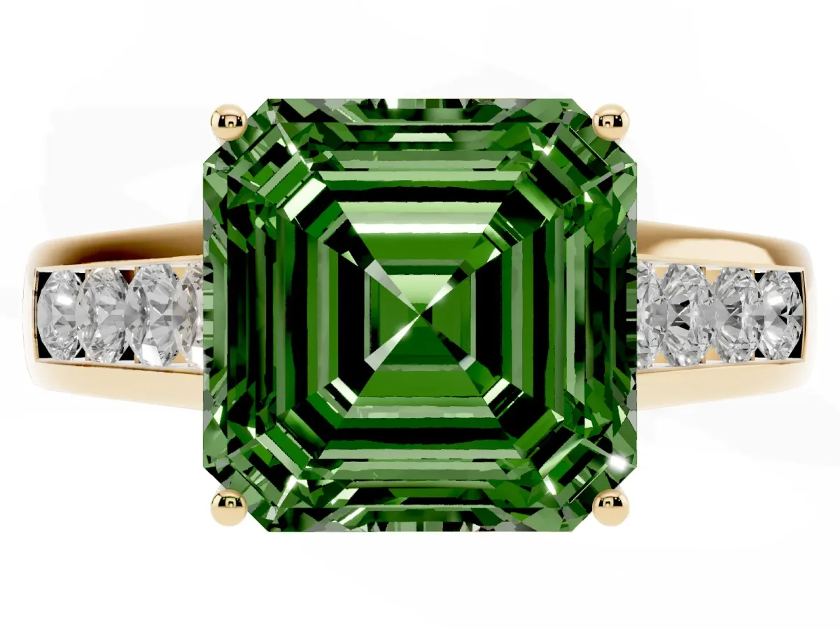 Fancy Green Asscher Cut Solitaire Channel-Set Diamond Engagement Ring with Four-Prong Setting Yellow gold