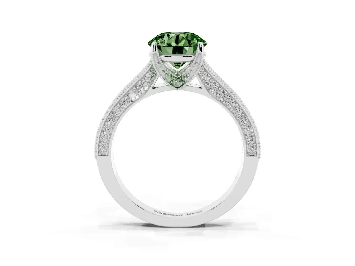 Fancy Green Round Cut Cut Diamond Solitaire Ring with Milgrain Pave Band and Four Prong Setting White gold