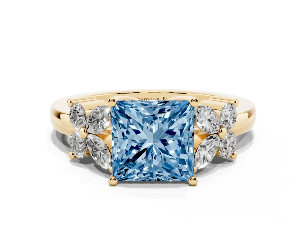 Fancy Blue Princess Cut Diamond Floral Cluster Ring with Solitaire Band and Prong Setting Yellow gold