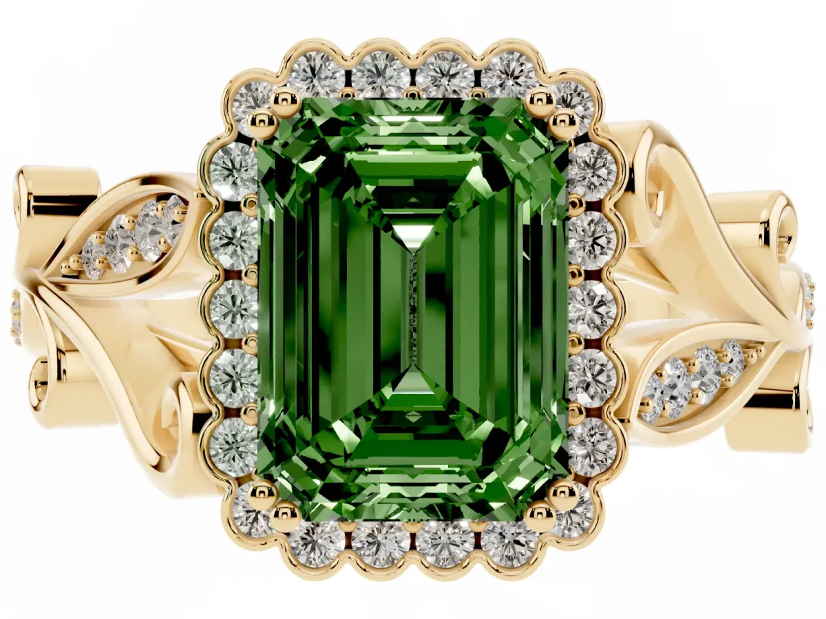 Fancy Green Emerald Cut Diamond Halo Ring with Vintage Split Shank and Four-Prong Setting Yellow gold