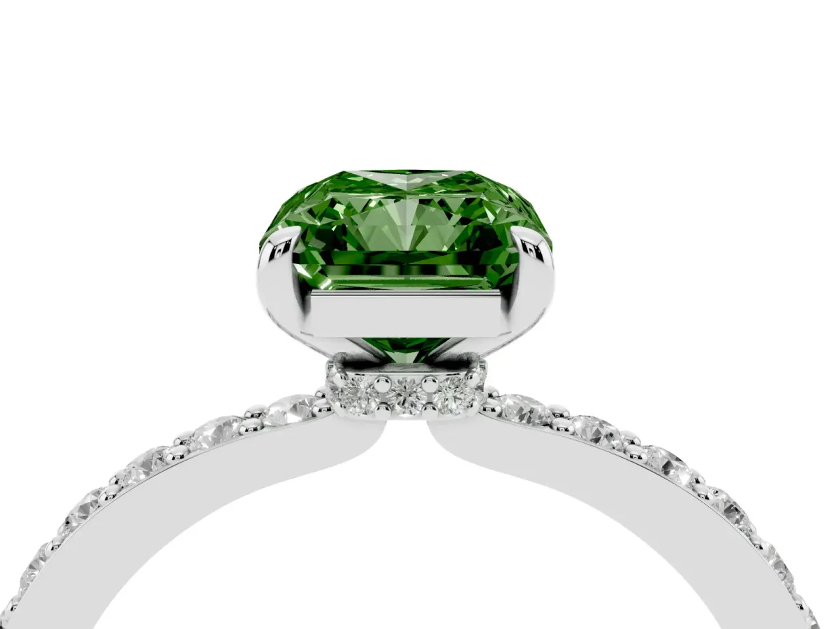 Fancy Green Radiant Cut Diamond Pavé Engagement Ring with Round Accents and Prong Setting Platinum