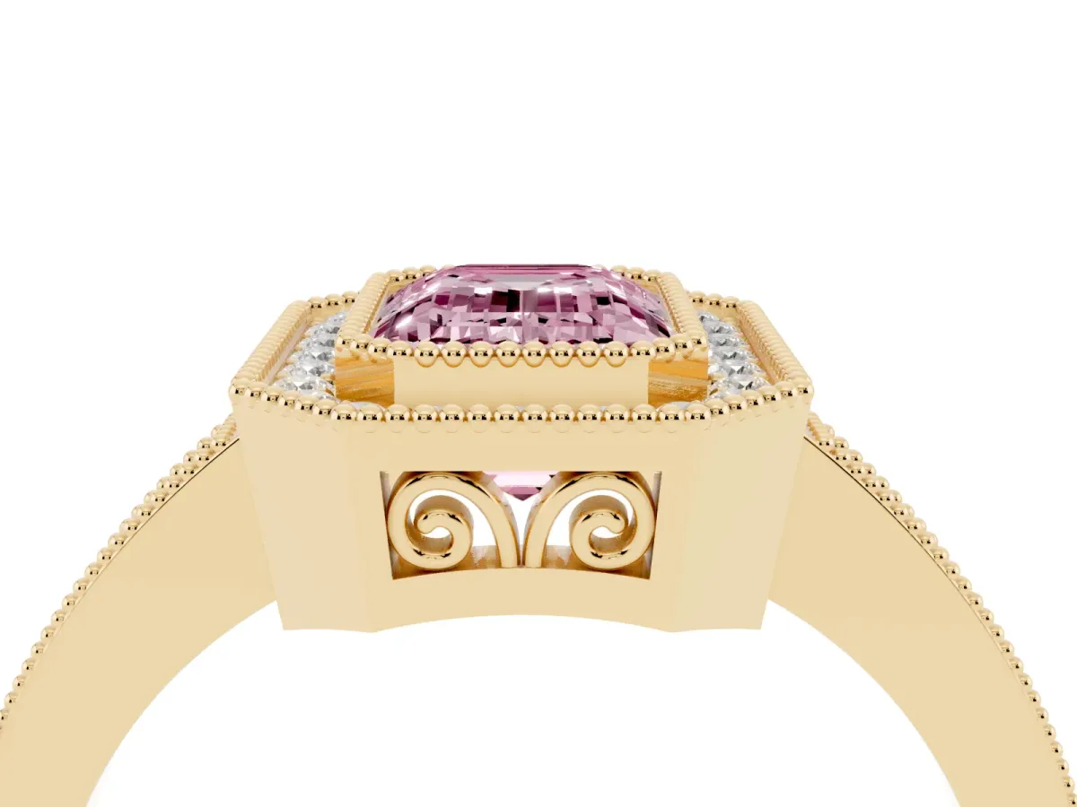 Fancy Pink Emerald Cut Cut Halo Diamond Ring with Pavé Band and Milgrain Prong Setting Yellow gold