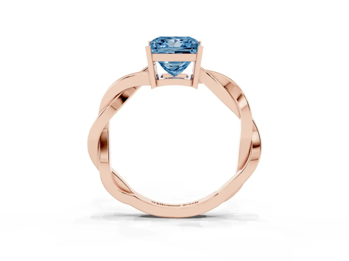 Fancy Blue Princess Cut Solitaire Twisted Pave Diamond Ring with Four-Prong Setting Rose gold