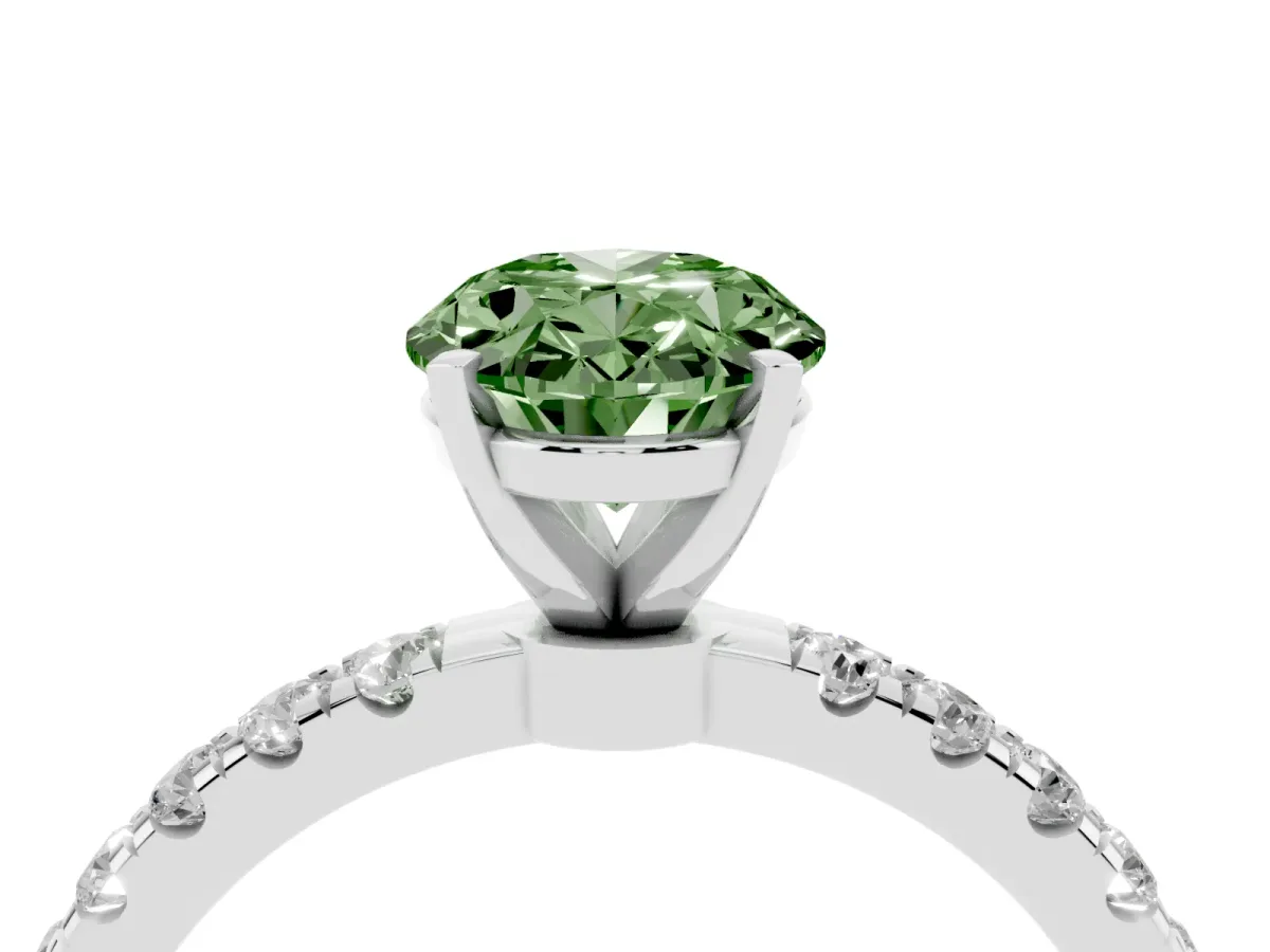 Fancy Green Oval Cut Diamond Solitaire Ring with Pavé Accents and Four-Prong Setting Platinum