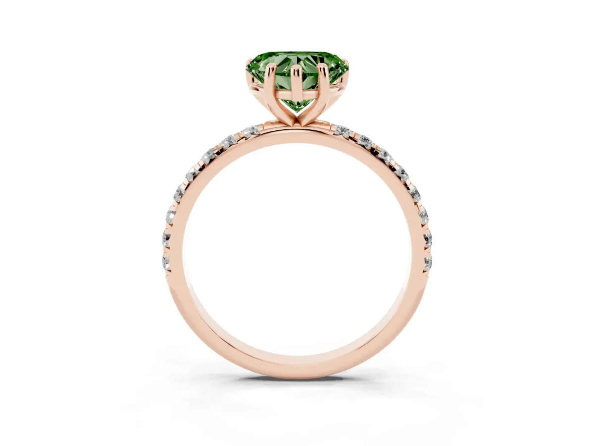 Fancy Green Heart Cut Cut Diamond Solitaire Ring with Micro Pave Band and Four Prong Setting Rose gold