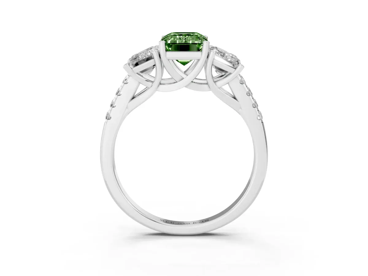 Fancy Green Three-Stone Emerald Cut Diamond Ring with Round Pavé Band and Prong Setting Silver
